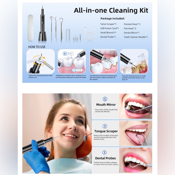 Plaque Remover for Teeth, Dental Cleaning Kit, Wireless, 4 Heads/3 Modes, LED - Picture 8 of 12